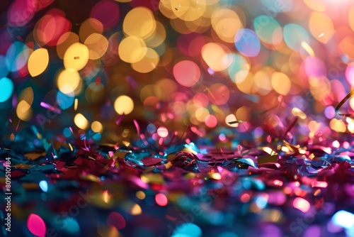 Celebration and colorful confetti party. Blur abstract background, metal confetti with abstract shapes, blurry bokeh, metallic scrapes, Ai generated