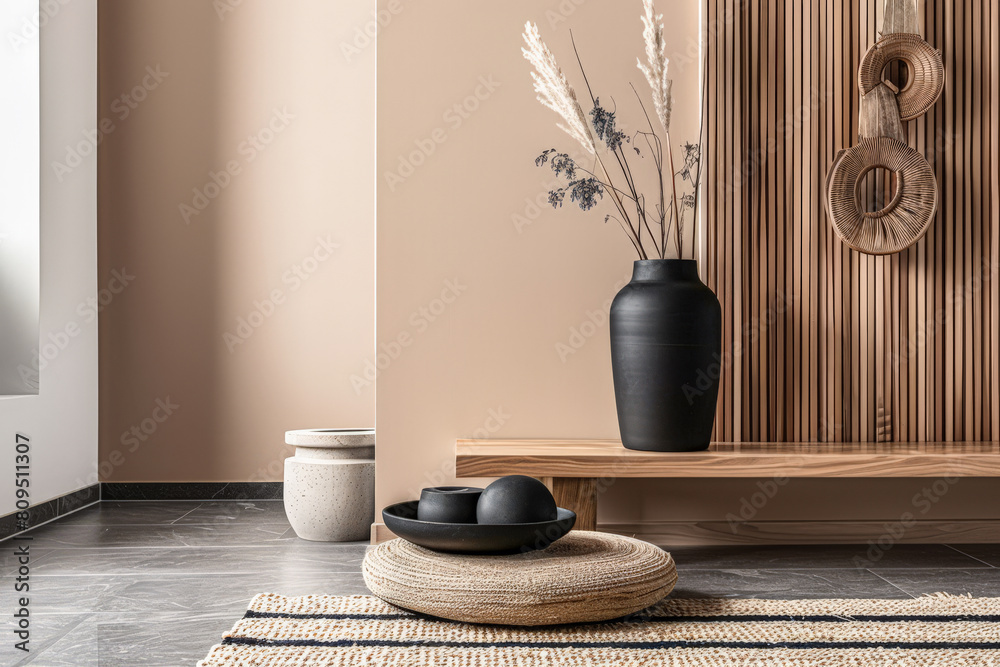 Minimalist zen interior design in beige with natural elements and window lighting. Relaxing interiors, meditation spaces.