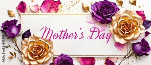 rose petals on white background with copy space for text. Golden alcohol ink watercolor floral bloom banner for Mother’s Day or mauve wedding stationery