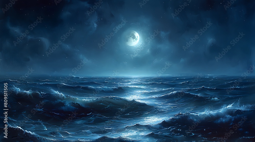 A digital painting of the ocean at night, where the water is bathed in moonlight, casting a silver glow over the deep mysterious blue waves, creating a tranquil and slightly eerie atmosphere.