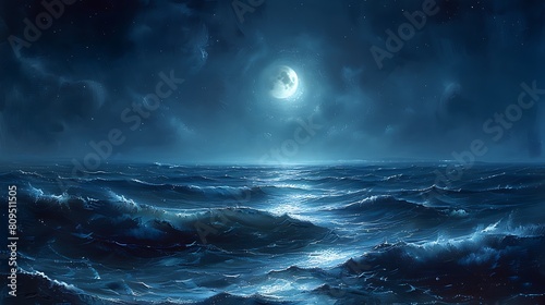 A digital painting of the ocean at night, where the water is bathed in moonlight, casting a silver glow over the deep mysterious blue waves, creating a tranquil and slightly eerie atmosphere. © LuvTK