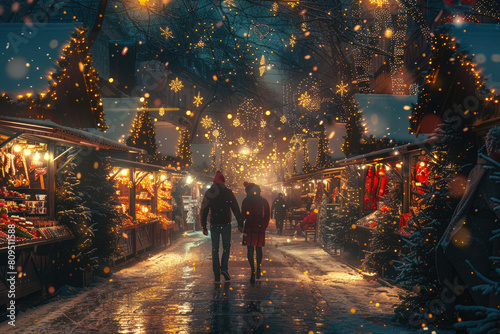 A couple holding hands and strolling through an enchanting Christmas market, surrounded by twinkling lights. Created with AI © Stock