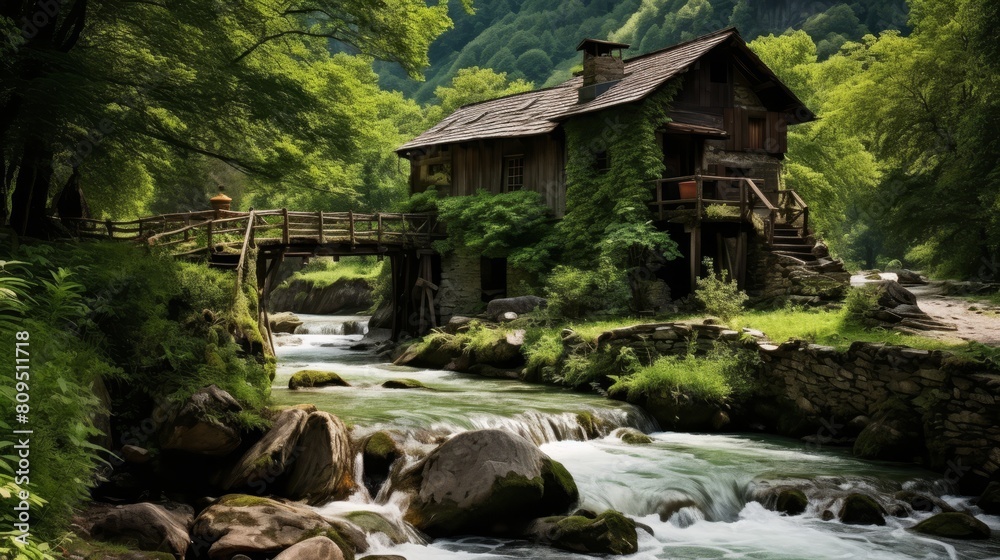 Scenic view of an old mill surrounded by beautiful green meadows in the background