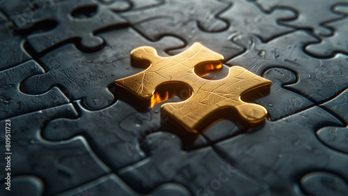 One last golden jigsaw puzzle piece. Background for key player, a stroke of genius, important and decisive factors. photo