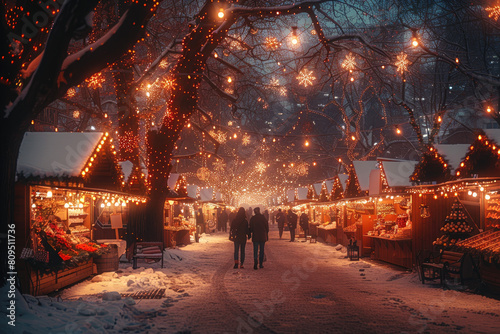 A festive Christmas market scene at night. Created with Ai © Stock