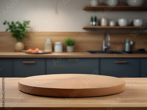 wooden display for products with a blur bokeh kitchen background
