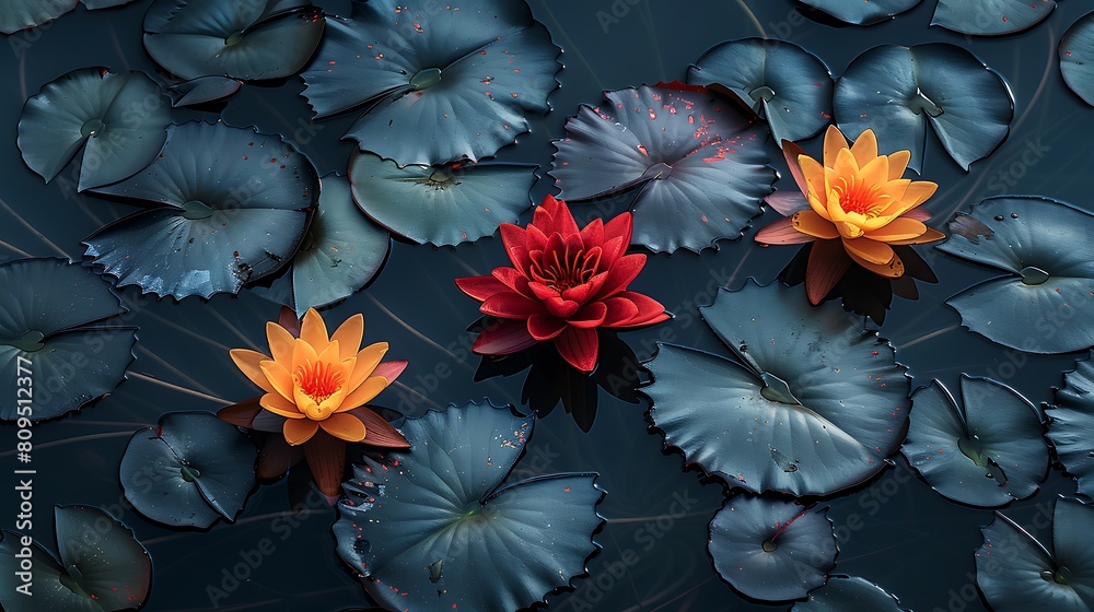 A minimalist aerial view of water lilies, focusing on the simplicity and elegance of their arrangement on the water, highlighting their vibrant colors against the calm, dark water background.