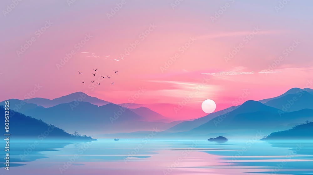 2D Flat illustation Landscape Concept of a Dreamy Pastel Sunset, with Copy Space for Twilight Bliss, Photographed by a Professional Camera 2D Flat illustation Landscape Concept of a Dreamy Pastel Sunset, with Copy Space for Twilight Bliss, Photographed by a Professional Camera