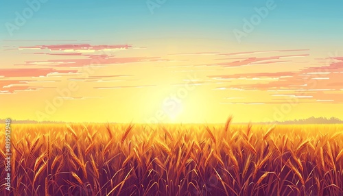 2D Flat illustation Landscape Concept of a Golden Wheat Field at Sunrise, with Copy Space for Agricultural Beauty, Shot by a Professional Camera