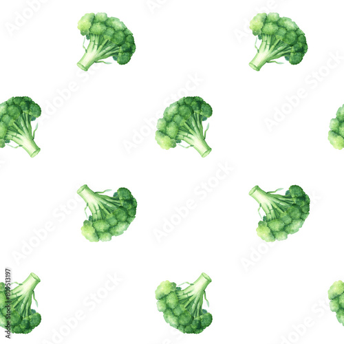 Seamless pattern with green plant healthy vegetable broccoli, cabbage family. Hand drawn watercolor illustration for wrapping wallpaper fabric textile photo