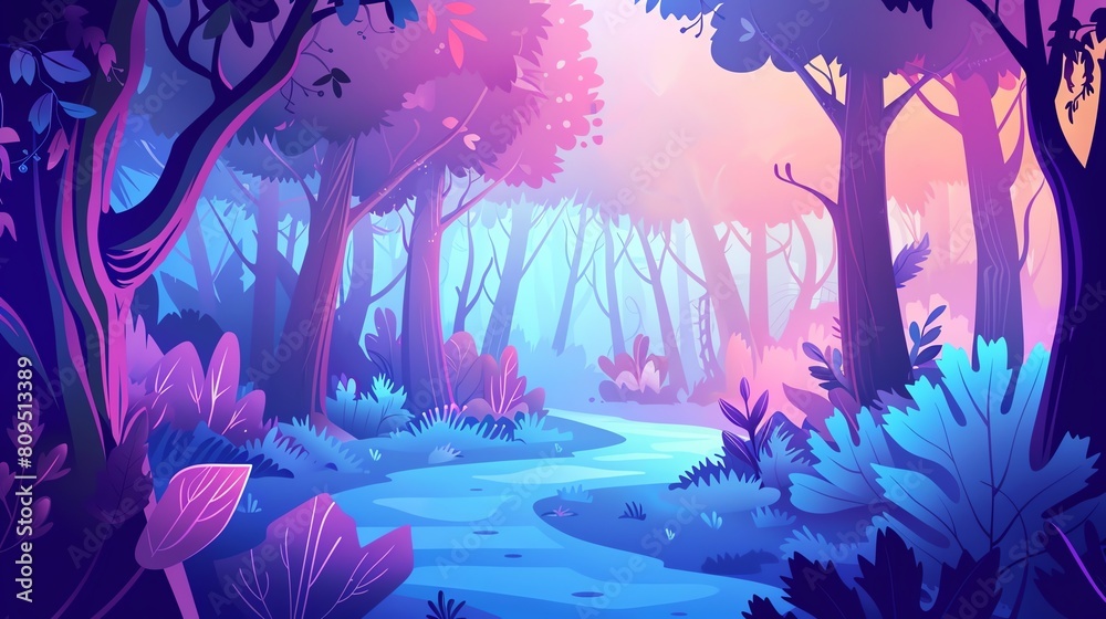 Fototapeta premium 2D Flat illustation Landscape Concept of a Serene Countryside Sunset, with Copy Space for Rural Tranquility, Shot by a Professional Camera