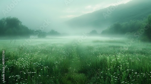 A minimalist scene depicting the subtle beauty of a foggy meadow, focusing on the simplicity of the shapes and colors of the dew-laden grass under a soft, diffused light. photo