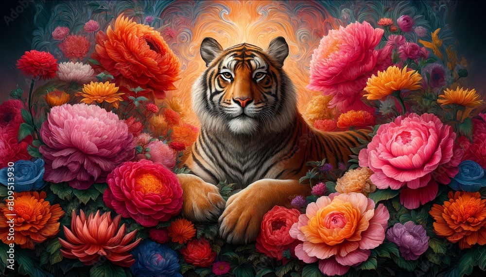  Image of a Bengal Tiger in a mystical garden
