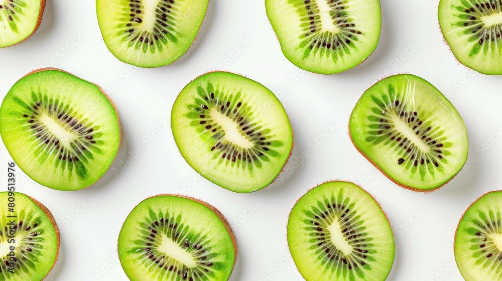 Kiwi fruit slices viewed from above on a white background Kiwi fruit slices viewed from above on a white background