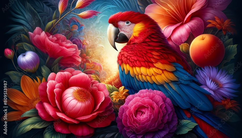  Image of a Scarlet Macaw in a mystical garden