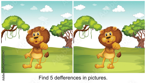 The lion stands to be photographed. find 5 differences in the picture.