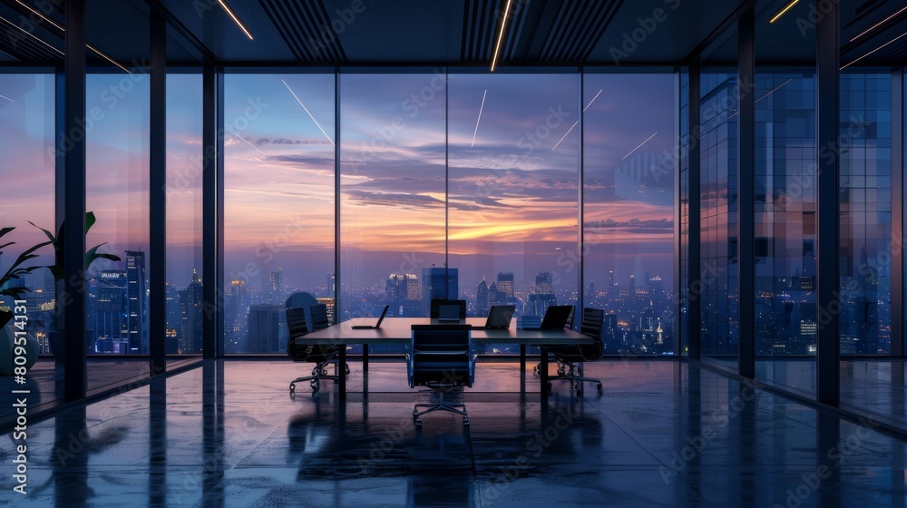 Fototapeta premium Remote team meeting via laptops in a minimalist styled modern office, panoramic windows, serene cityscape, cool tones