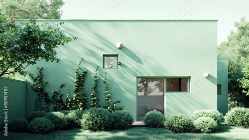 A muted mint green house, seamlessly blending with minimalistic greenery in a peaceful suburban environment.