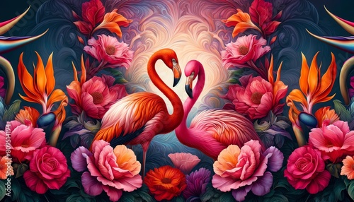 Image of two flamingos in a mystical garden photo