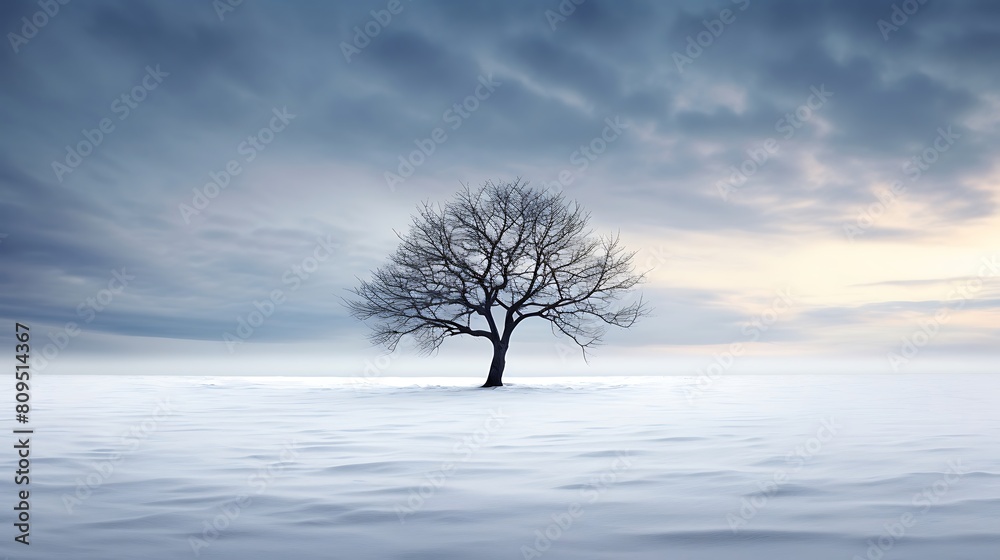 Fototapeta premium A Lone Tree Standing Tall Against a Stark Snowy Landscape: A Symbol of Resilience and Serenity in the Face of Harsh Conditions