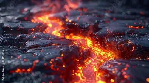 A photorealistic close-up of lava streaming down a volcano's side, focusing on the intricate details of the bubbling and flowing lava.