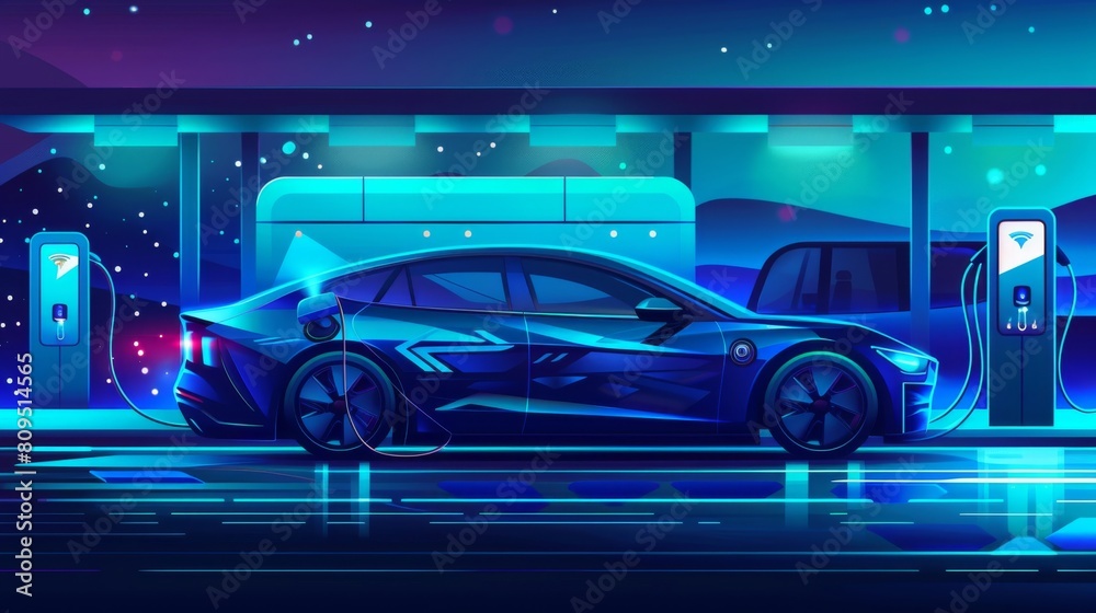 Show a fast-paced, efficient battery swap station for electric vehicles in a sleek, clean design style Show a fast-paced, efficient battery swap station for electric vehicles in a sleek, clean design style