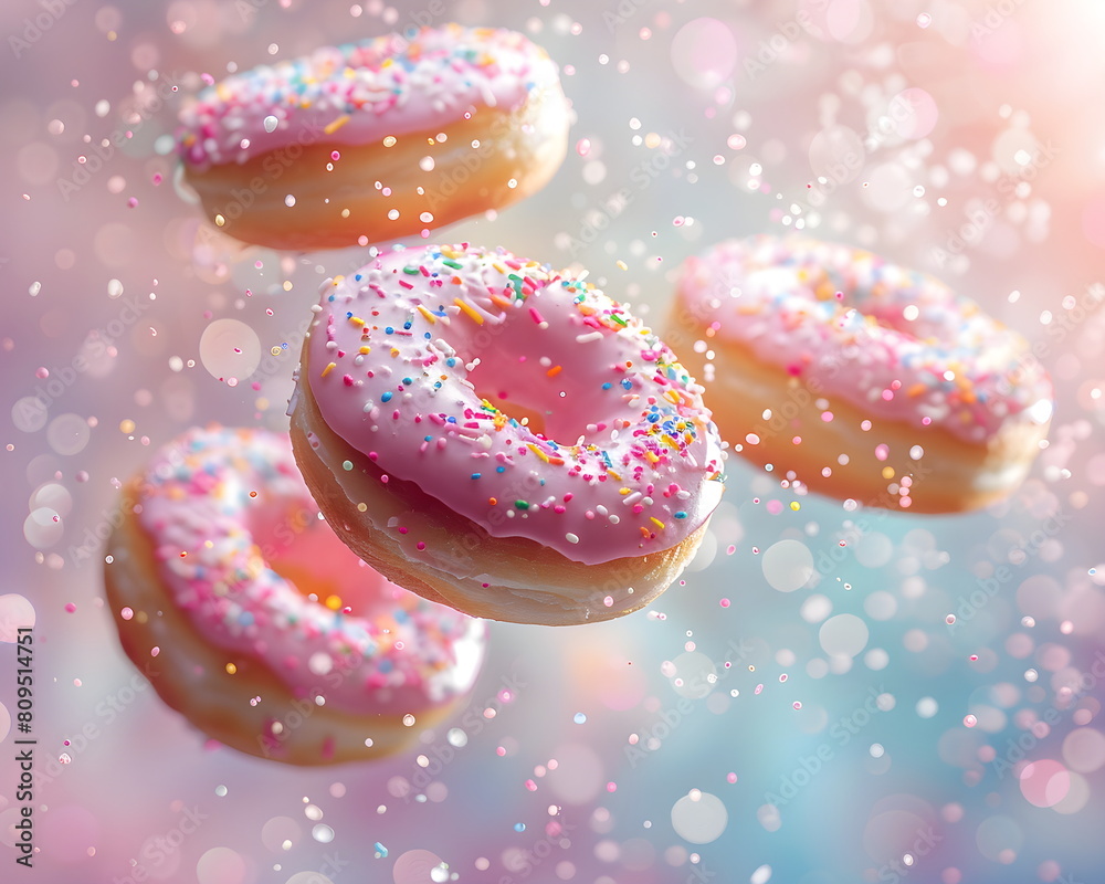 Donuts fliegen durch die Luft / Lecker Donuts mit Streuseln / Donut Poster / Donut Wallpaper / Donut Design / Ai-Ki generiert Donuts fliegen durch die Luft / Lecker Donuts mit Streuseln / Donut Poster / Donut Wallpaper / Donut Design / Ai-Ki generiert
