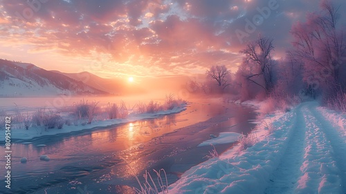 A photorealistic depiction of a frozen landscape at dawn, the ice glistening with a soft mint green glow as the first light touches the frosty surface. photo