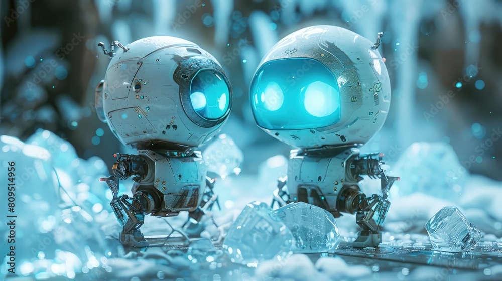 Fototapeta premium Two small robots exploring an icy terrain with glowing blue eyes and compact design.