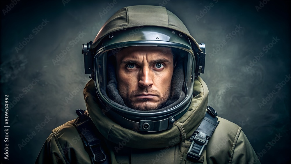 Moody Portrait Showcases EOD Technician in Bomb Suit, Helmet Raised to Reveal Resolute Expression. Moody Portrait Showcases EOD Technician in Bomb Suit, Helmet Raised to Reveal Resolute Expression.