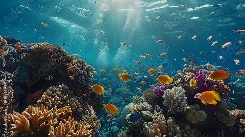 Dive into the vibrant underwater world of the Red Sea, where coral reefs and colorful fish create an enchanting scene for aquatic enthusiasts to explore. photo