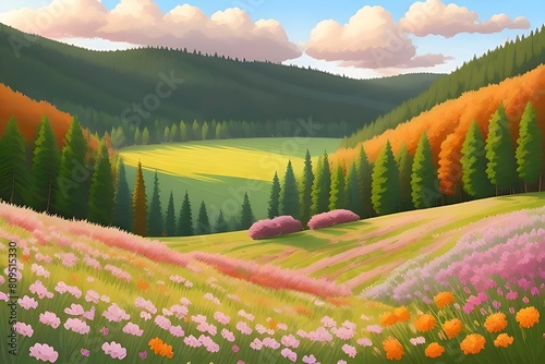 Beautiful and Peaceful Nature Scenery Illustration  Landscape  Countryside  Tranquil  Vibrant and Colorful