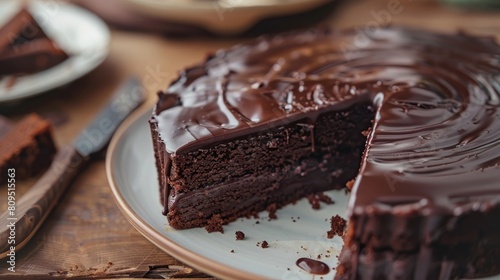 Slice of chocolate cake with glaze on a plate