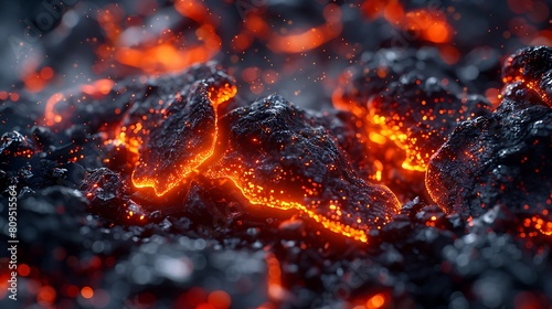 A photorealistic representation of glowing embers in a fire pit, with each ember captured in vivid detail, radiating heat and light in deep orange tones.
