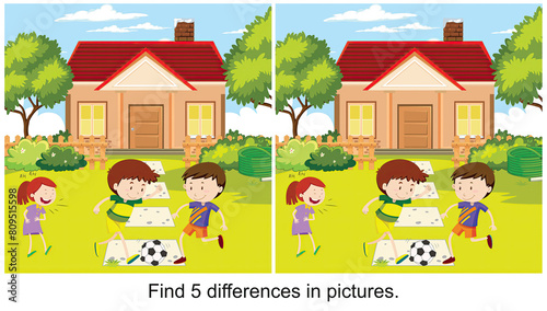 children playing in front of the house find 5 differences in the picture.