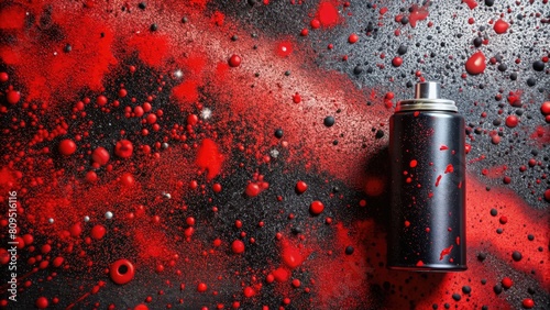 Aerosol spray can on a black background with red splashes. photo