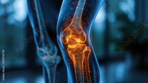 X-ray showing a human knee with a prosthetic joint, illustrating medical replacements and surgical outcomes.