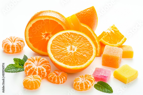 several bright orange oranges, some deep orange tangerines, and translucent orange jelly cubes.