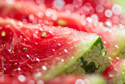 close-up of a juicy watermelon slice, glistening with water droplets © Jettanut