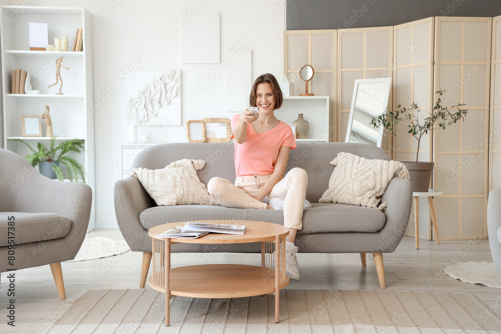 Winking young woman with air conditioner remote control sitting on sofa in living room Winking young woman with air conditioner remote control sitting on sofa in living room