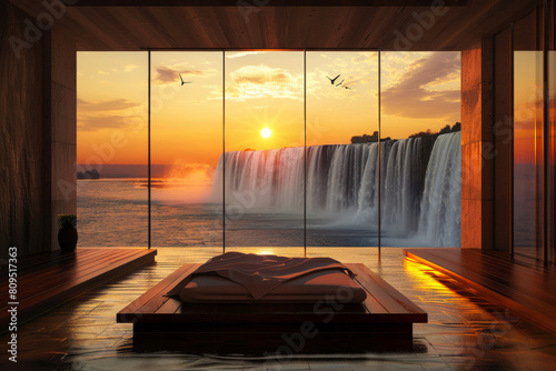 luxurious bedroom with a king-size bed draped in white linens a breathtaking view of a cascading waterfall surrounded by lush greenery Sunlight streams through the window