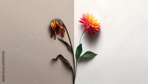 concepts of surrender and perseverance. On one side, it features a wilting flower to symbolize surrender, and on the other, a vibrant, blooming flower