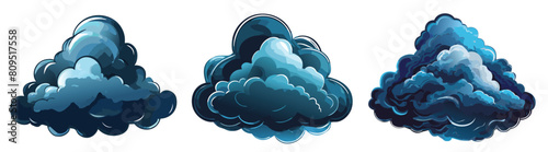 Set of three fluffy dark clouds isolated on a white background