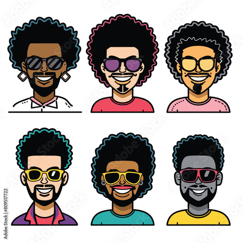 Six diverse avatars featuring people different styles, individual expresses unique personality through hairstyle, sunglasses, earrings. Portraits set against clean background versatile use