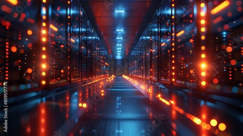 A high-tech data center  with rows of glowing servers  Network Operations Core.