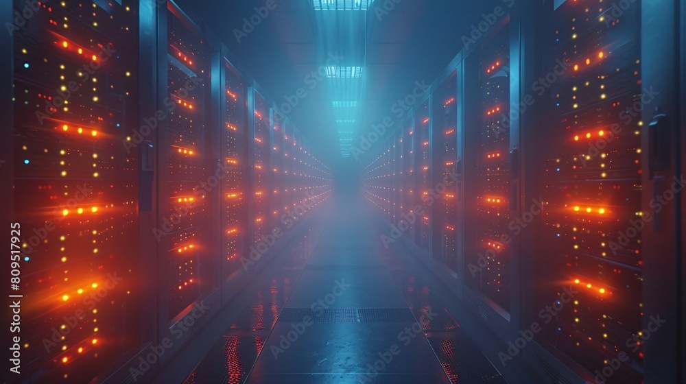 A high-tech data center, with rows of glowing servers: Secure and Efficient Data Services.