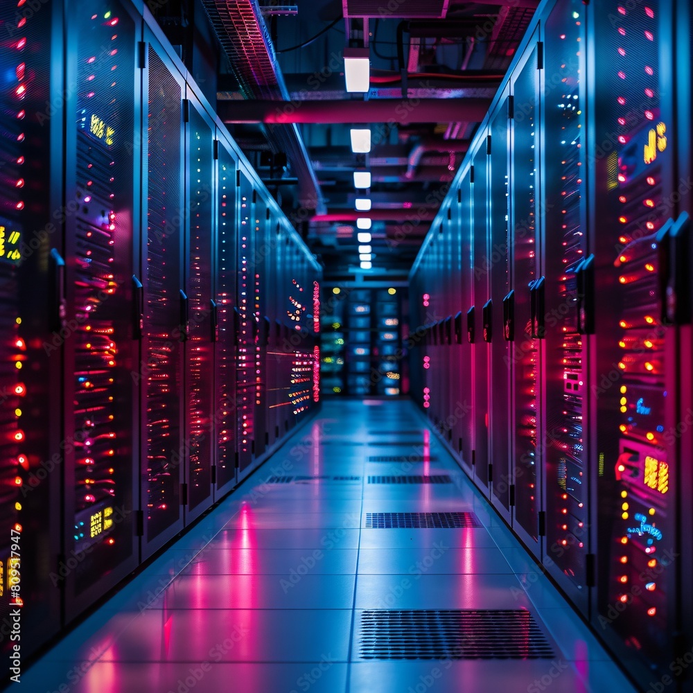 Fototapeta premium A high-tech data center, with rows of glowing servers: Revolutionary Backup and Storage Systems.
