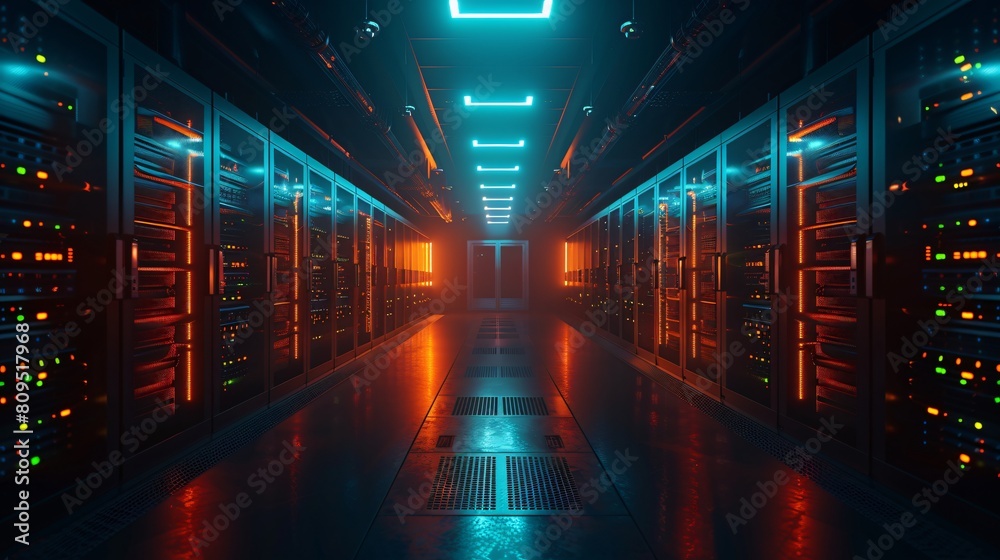 A high-tech data center, with rows of glowing servers: Strategic Data Storage and Recovery.