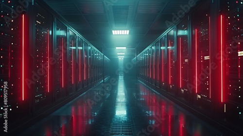 A high-tech data center, with rows of glowing servers: Secure Data Backup Essentials. © Tackey
