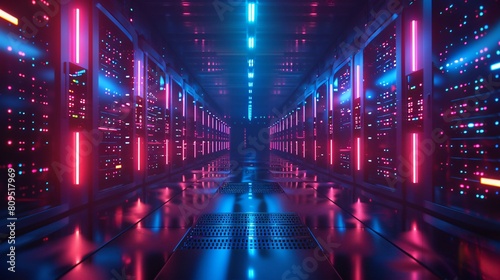 A high-tech data center, with rows of glowing servers: Secure Storage and Data Handling.